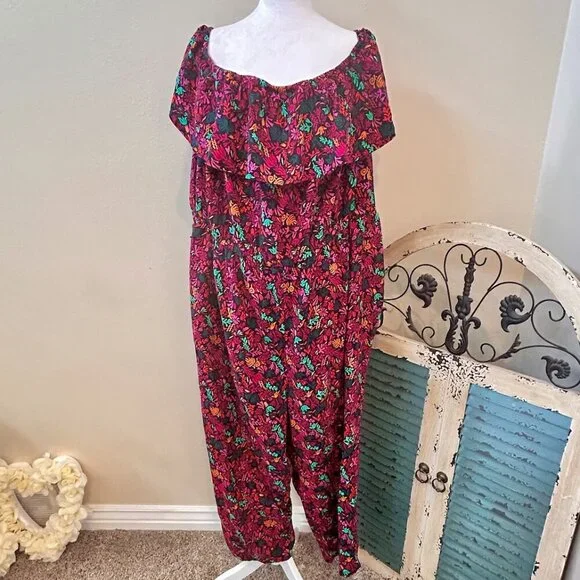 3X Women Floral Off the Shoulder Jumpsuit Romper Baggy Fit - Picture 3 of 9